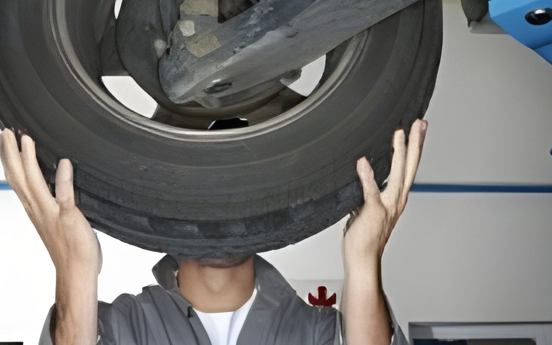 A man balances a tire on his head, showcasing strength and balance in a playful pose.